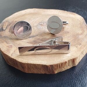 Steval Vintage Sterling Silver Oval & Stripes Tie Clip With Matching Cufflinks
